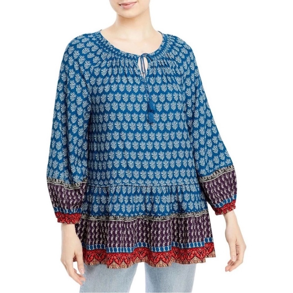 Beach Lunch Lounge Women's Boho Printed Smocked Tassel Blouse Size Small